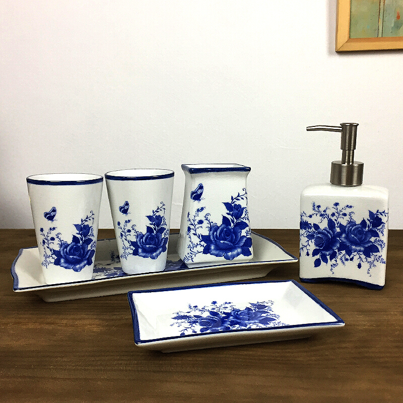 结婚用品中式陶瓷卫浴六件套美式卫生间牙杯漱口杯皂碟洗漱套装 【青花瓷六件套】 默认尺寸