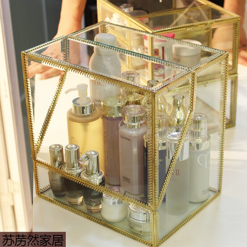 北欧大号透明玻璃化妆品收纳盒翻盖有盖桌面化妆盒梳妆台整理盒_2 高金色单