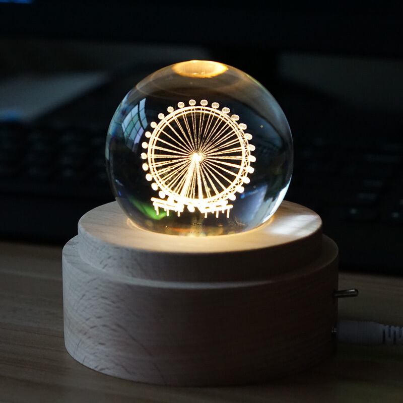 创意3D月亮灯水晶球小夜灯月球灯八音盒音乐床头灯浪漫女生日礼物抖音同款 摩天轮木底座（不旋转）