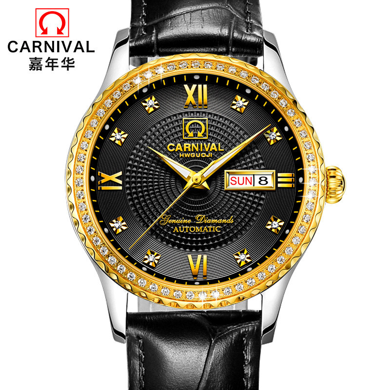 嘉年华水钻土豪金表机械男表罗马刻度双历显示夜光时尚商务男表 间黑面皮带色