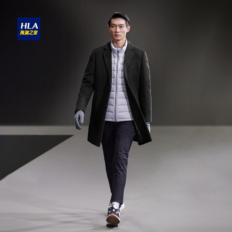 HLA海澜之家纯色毛呢大衣2018冬季西装领保暖大衣外套男 185/100A/XXL 黑色85