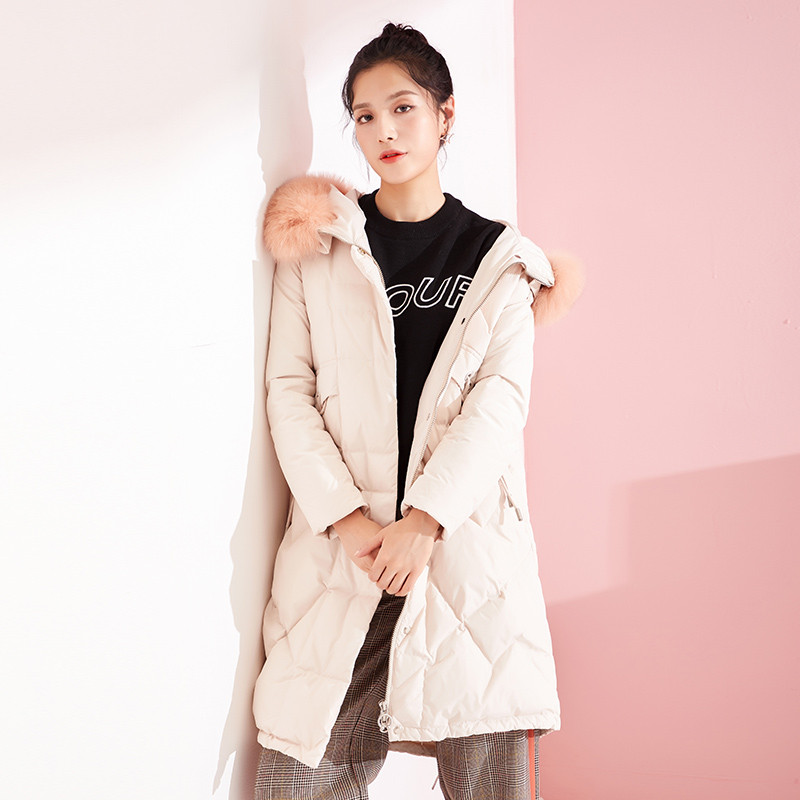 千仞岗 宽松中长款羽绒服女ins大毛领连帽冬加厚外套女 239712 170/L 杏仁米88008