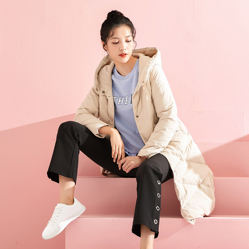 千仞岗2018新品羽绒服女韩版廓形纯色连帽休闲羽绒外套 170/L 杏仁米88008