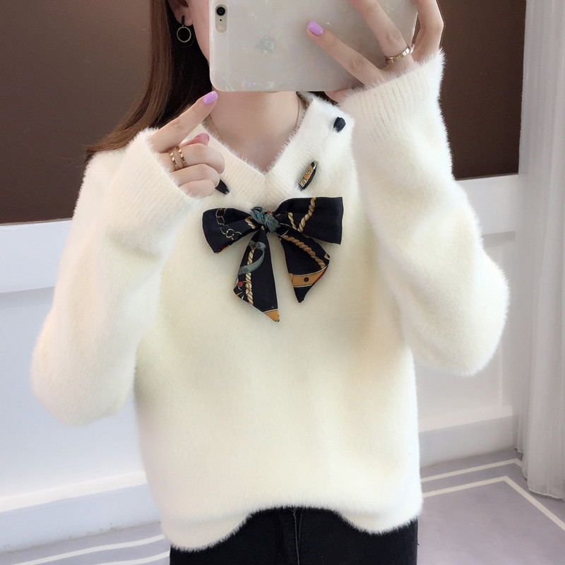 子沫雨JMOORY秋冬新款2018小清新毛衣女甜美慵懒风宽松仿貂毛套头针织衫长袖潮 米白 M