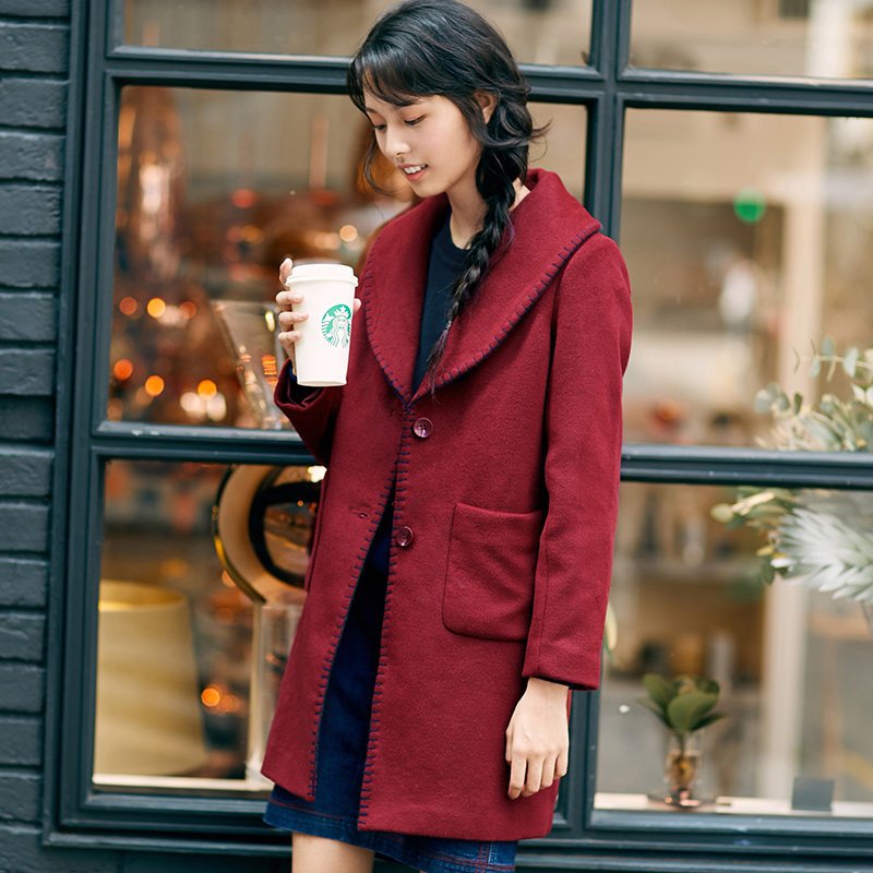 茵曼2018女冬款绣线大翻领毛呢外套女中长款呢子大衣1864321530 M 酒红