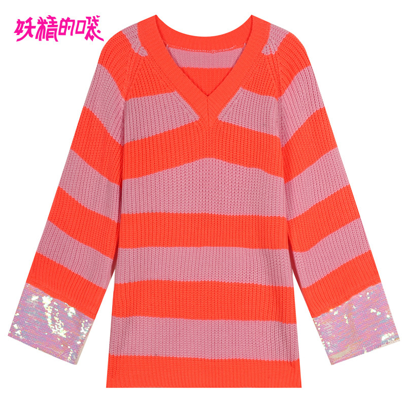 妖精的口袋Y冬装2018新款慵懒风上衣套头V领ins超火的毛衣女宽松Q_1 橙调粉色 M