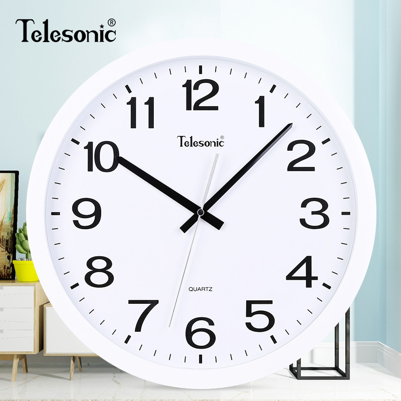 TELESONIC/天王星静音圆形挂钟 简约时尚客厅卧室钟表 书房会议室现代创意石英钟 静音扫秒机芯 14英寸白色