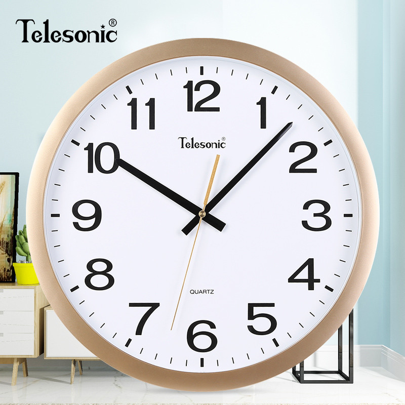 TELESONIC/天王星静音圆形挂钟 简约时尚客厅卧室钟表 书房会议室现代创意石英钟 静音扫秒机芯 14英寸香槟金