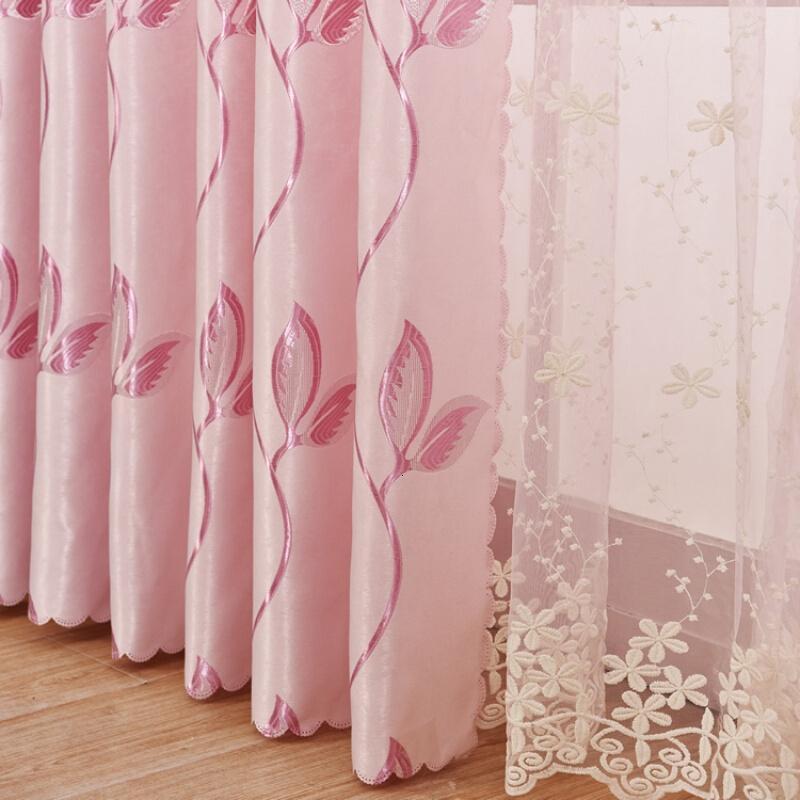 窗帘成品清新田园加厚遮光双面提花飘窗卧室阳台客厅窗帘定制纱帘粉色_1_9_9 定做挂钩式1米宽3.2米高 纱帘绿色