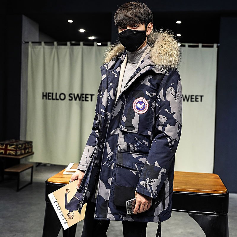韦斯普 2018冬季新款白鸭绒男士羽绒服男中长款毛领连帽羽绒加厚保暖男装外套R881 L(175) 迷彩