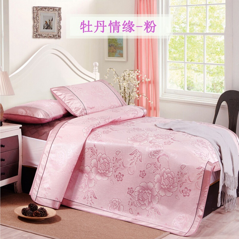 冰丝席三件套1.8m床夏季凉席1.5折叠双人夏天空软席子_1 1.8m(6英尺)床 牡丹情缘-粉