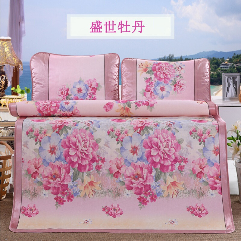 冰丝席三件套1.8m床夏季凉席1.5折叠双人夏天空软席子_1 1.8m(6英尺)床 盛世牡丹