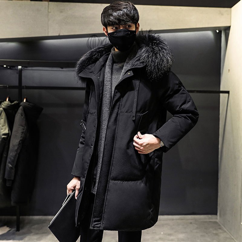 韦斯普 2018冬季新款白鸭绒男士羽绒服男中长款毛领连帽羽绒加厚保暖男装外套R892 XXL 黑色