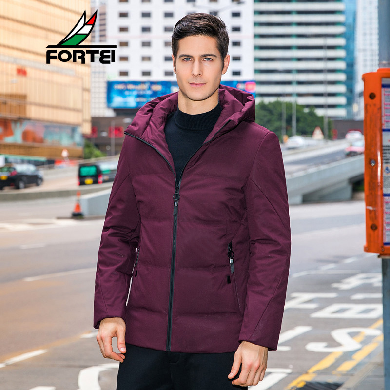 FORTEI富铤 羽绒服男装短款连帽中青年2018冬装新款潮流帅气男士厚外套男 枣红色 L