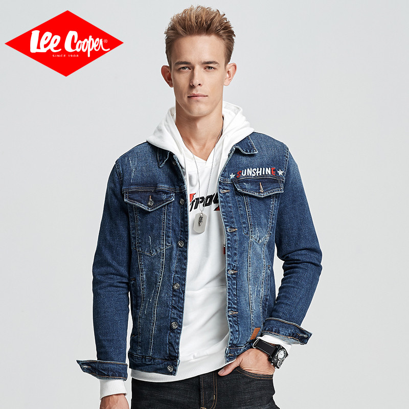 Lee Cooper2018秋冬新款百搭帅气潮男夹克修身牛仔外套 L 蓝色