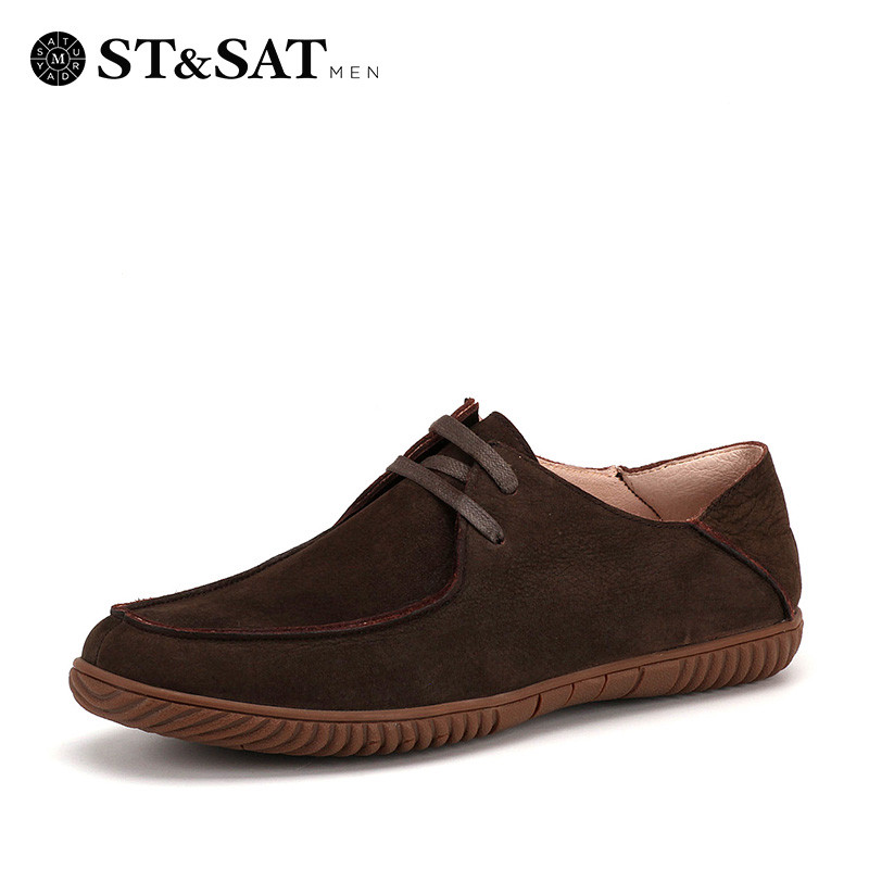 星期六(ST&SAT)男鞋牛皮革交叉系带圆头平底休闲皮鞋SS61125566 深咖啡色 40码