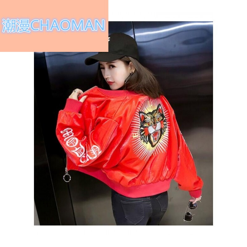 2018新款学院风短外套女2018春装老虎头刺绣亮面夹克学生宽松原宿风外套女Sy S 红色