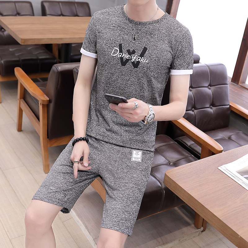 夏季短袖套装男韩版潮流冰丝T恤男短裤运动休闲两件套男2018新款_6 L TZ-W黑灰色