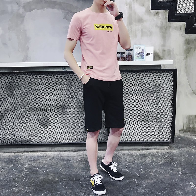 男士运动套装夏季跑步健身运动衣服装宽松休闲短袖T恤短裤两件套_3 M 933粉色