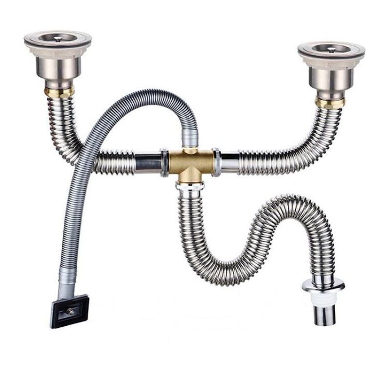 不锈钢洗菜盆下水管厨房排水管防臭双水池水下水器配件防鼠咬高清实拍