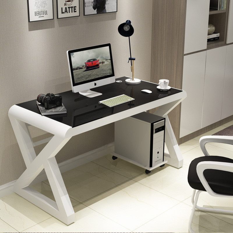 电脑桌台式家用简约现代经济型书桌钢化玻璃学习办公桌游戏电竞桌_503_126 白+黑玻璃长140*宽60*高75_无键盘托