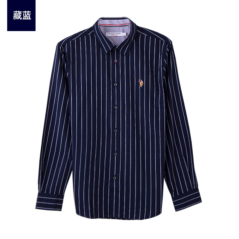U.S. POLO ASSN.条纹衬衫男长袖 纯棉牛津纺美式商务休闲潮男衬衣 L/175 藏蓝