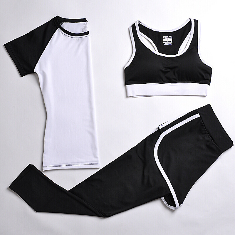 户外夏季运动套装女瑜伽服运动三件套跑步健身服速干运动短裤防震背心_6 XL 白T+白边wx+竖白长裤三件套