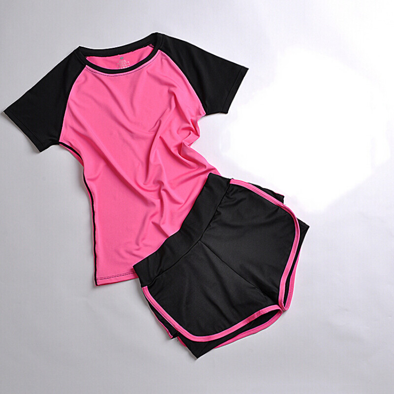 户外夏季运动套装女瑜伽服运动三件套跑步健身服速干运动短裤防震背心_6 XL 玫T+竖玫短裤两件套
