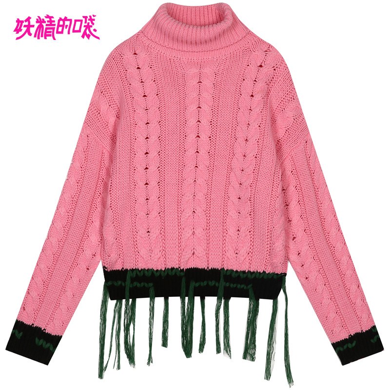 妖精的口袋Y秋季2018新款短款慵懒风套头毛衣女宽松ins针织衫潮J_1 XL 粉红扑克色