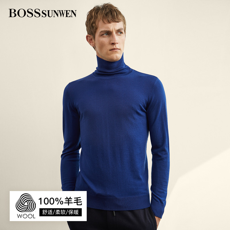 BOSSSUNWEN高领套头羊毛衫2018秋新品纯羊毛纯色打底衫针织衫毛衣 54 宝石蓝