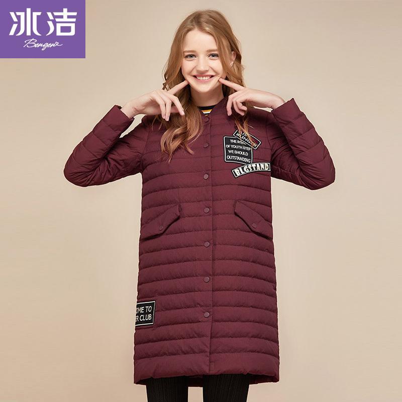冰洁时尚秋冬棒球领贴布中长款羽绒服女韩版立领外套_2 155/S 蔓越莓红1021