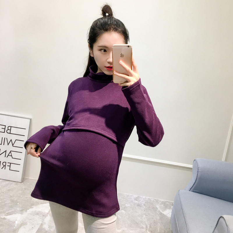 孕妇冬款加绒加厚内搭月子服圆领高领哺乳衣新款加绒打底衫 XL 高领紫色