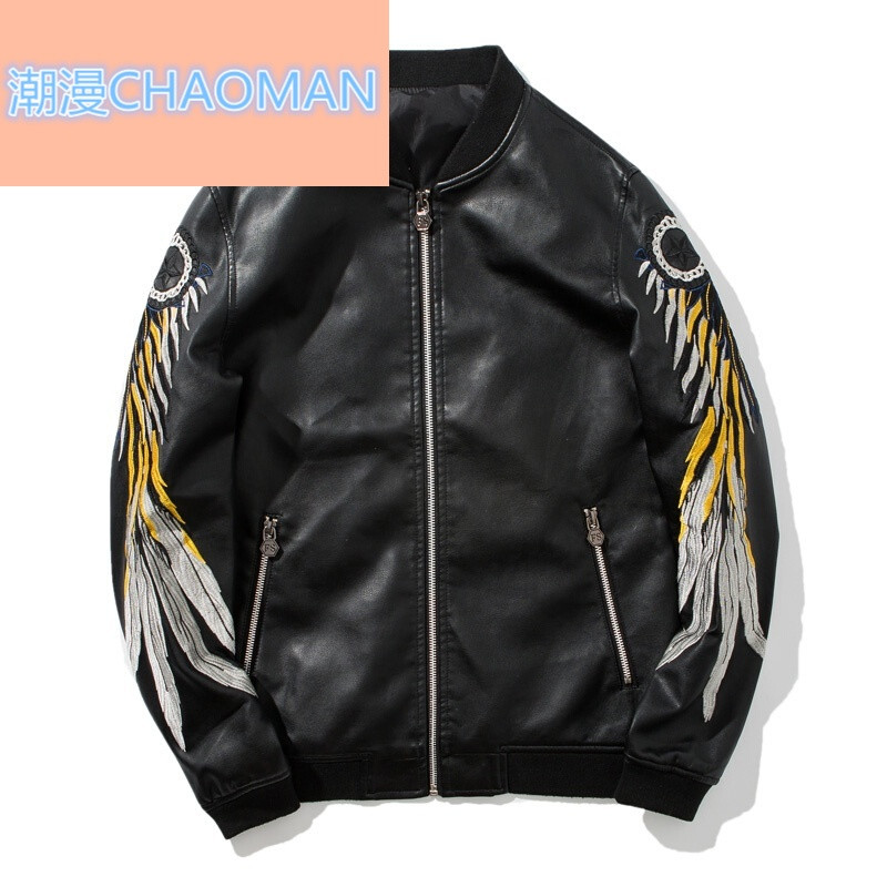 2018新款男士皮衣男皮夹克帅气青年机车皮衣棒球服外套飞机夹克潮流新款 M 翅膀