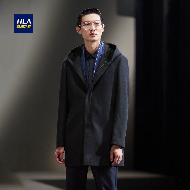 HLA海澜之家休闲连帽大衣2018冬季中长款毛呢大衣外套男 170/88A/M 藏青花纹34