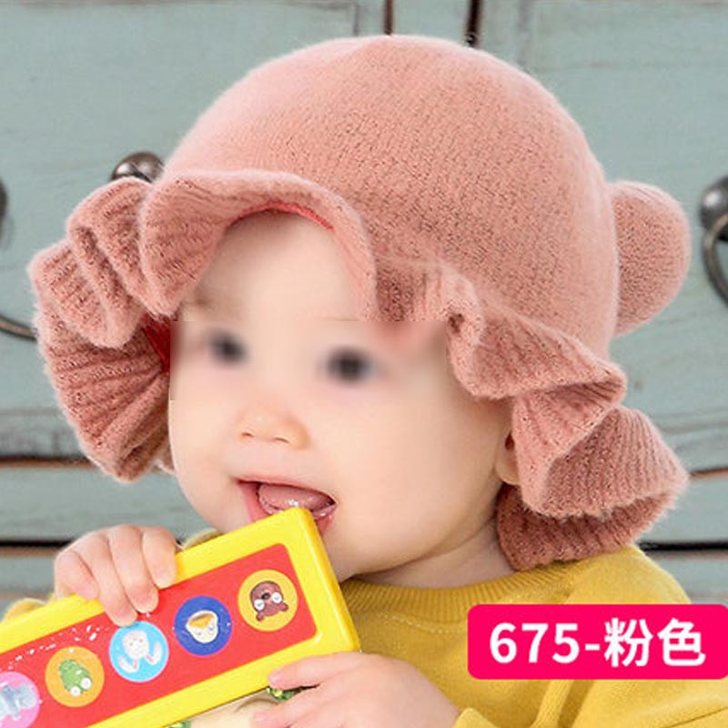 婴儿帽子3-6-12个月女宝宝秋冬系带毛线帽卡通可爱外出兔耳朵幼童帽子 婴童配饰帽子 3-12个月、均码 675粉色