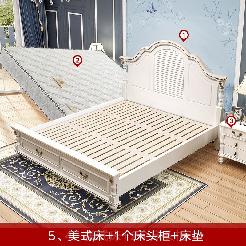 美式床实木床1.8米现代简约婚床轻奢白色主卧家具套装组合双人床 1500mm*2000mm_美式床+床垫+1个床头柜_实木