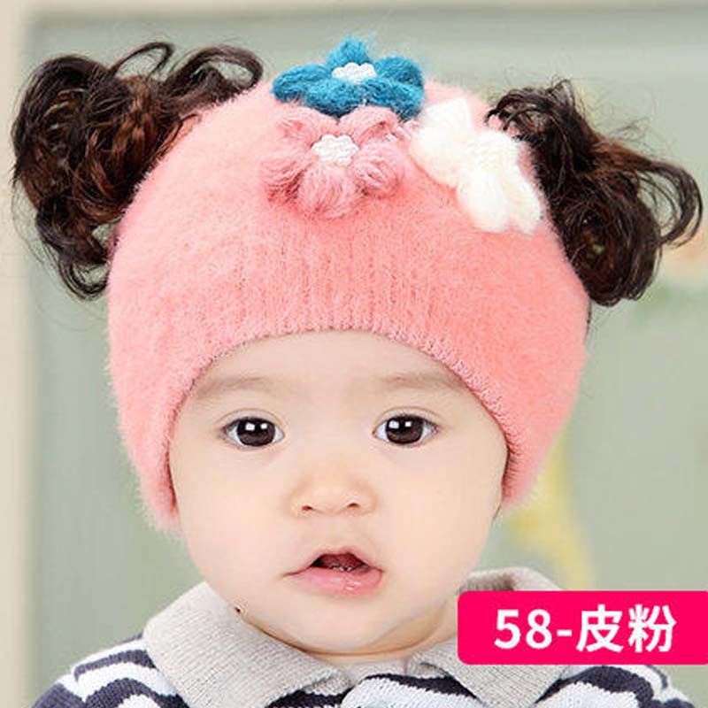 春秋季薄款女宝宝帽子假发帽婴儿3-6-12个月女童女孩秋冬通用简约婴童帽子 3-24个月（头围40-48CM） 三朵花-皮粉(冬款)