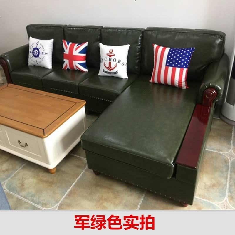 美式乡村布艺沙发简美地中海风格皮布转角实木小户型组合客厅家具_99_63 四位+坐左手贵妃（3.6米）_军绿色