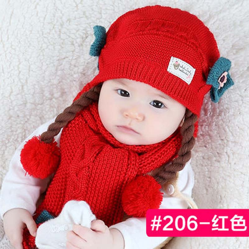 婴儿帽子秋冬0-12个月女童保暖毛线帽1-2岁可爱女宝宝假发帽通用小清新帽子 套装（帽子+围巾） 206红色6-18个月