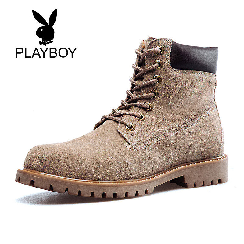 花花公子（PLAYBOY）男士系带百搭工装高帮马丁靴子男8DW539008V_1 浅棕 41