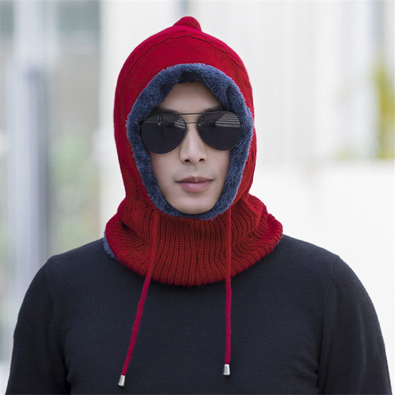 冬天毛线帽子男冬季女针织套头帽加厚加绒保暖骑车蒙面东北户外防风寒围脖护耳护脖两用男士帽子 酒红色