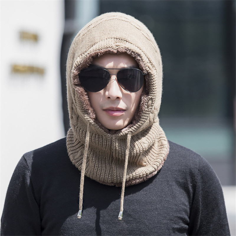 冬天毛线帽子男冬季女针织套头帽加厚加绒保暖骑车蒙面东北户外防风寒围脖护耳护脖两用男士帽子 卡其色
