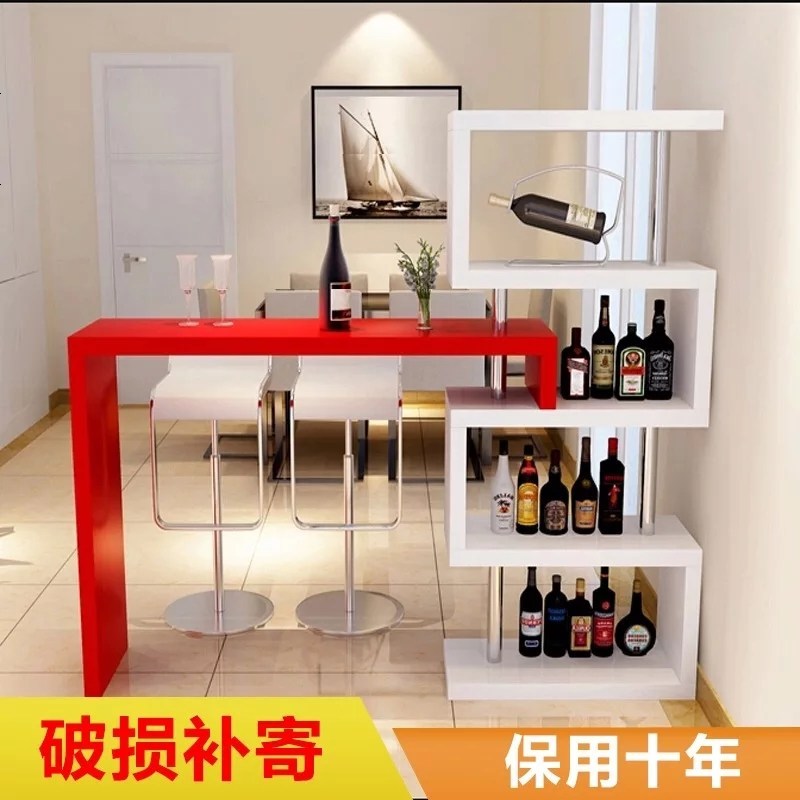 简易吧台桌家用小吧台桌靠墙客厅吧台玄关隔断创意酒柜吧台一体_197_561 组装_B款黑柜+红桌_支架结构