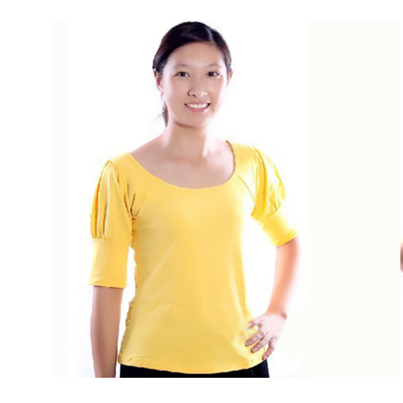 成人新款短袖拉丁舞上衣公主袖舞衣女舞蹈衣服广场舞服装练功服 XXL 成人公主袖鹅黄