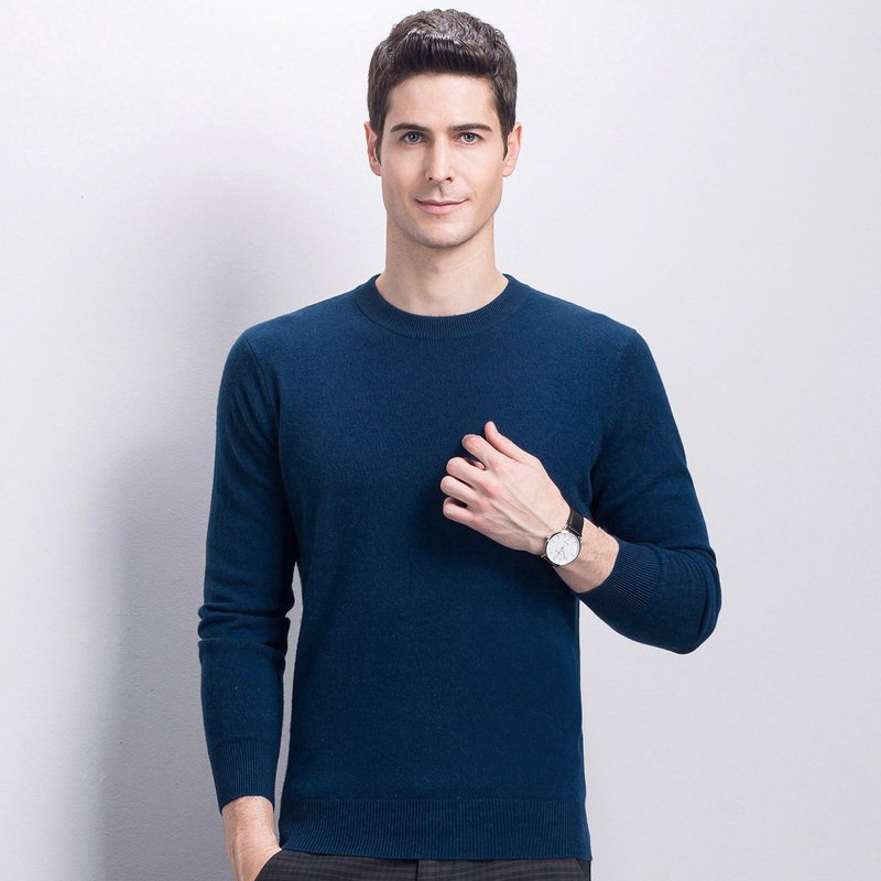 YS恒源祥羊绒衫男圆领秋冬新款纯山羊绒保暖针织衫套头毛衣爸爸装_9 175/92A YAR143500深海兰