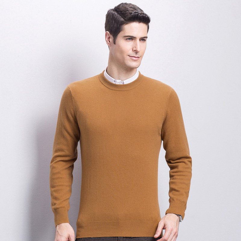 YS恒源祥羊绒衫男圆领秋冬新款纯山羊绒保暖针织衫套头毛衣爸爸装_9 185/100A YAR143500姜黄夹花