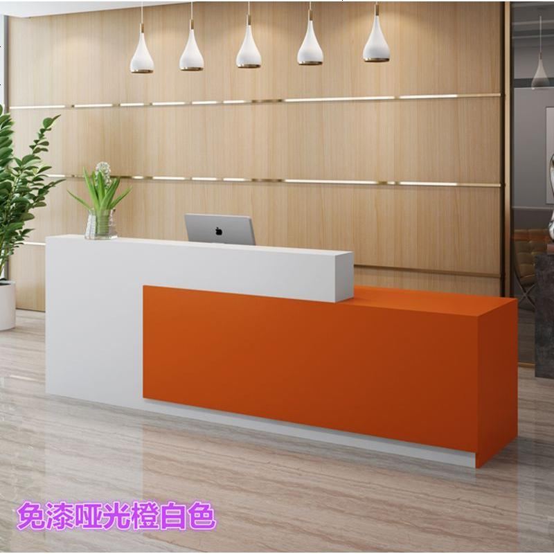 收银台公司前台接待台吧台柜台防大理石纹烤漆前台桌迎宾台咨询台_678_719 橙白亚光免漆__右高标准款_260x60x100cm