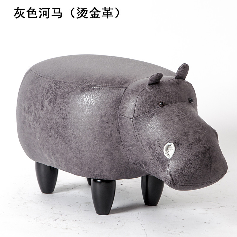 兮木实木脚凳创意河马换鞋凳沙凳设计师家具储物矮凳试鞋凳收纳脚凳 灰色河马烫金科技布