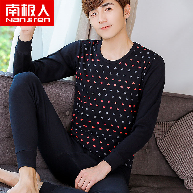 NanJiren南极人青少年男初高中生全纯棉 圆领印花薄款棉毛衫秋衣秋裤套装 藏青/扑克 XXL/180