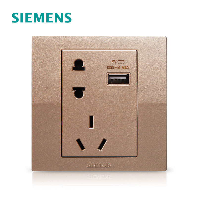 西门子（SIEMENS）开关电源插座面板悦动香槟金五孔USB一开带16A空调86型家用墙壁 五孔+USB 悦动香槟金系列